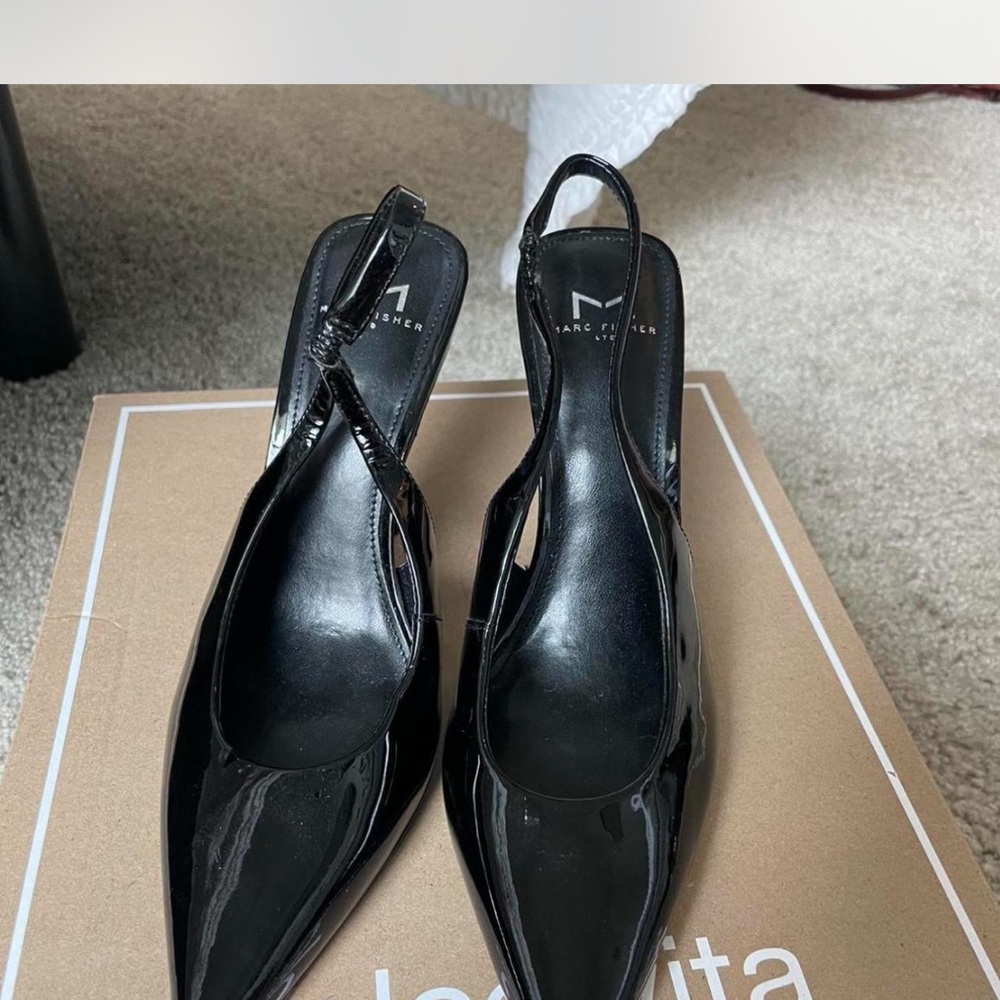 Marc Fisher Glossy Black Slingback Heels